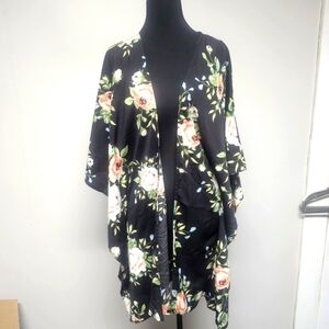 Amaryllis Rose Print Floral Kimono Poncho Swim Coverup Boho Beach Vaction
